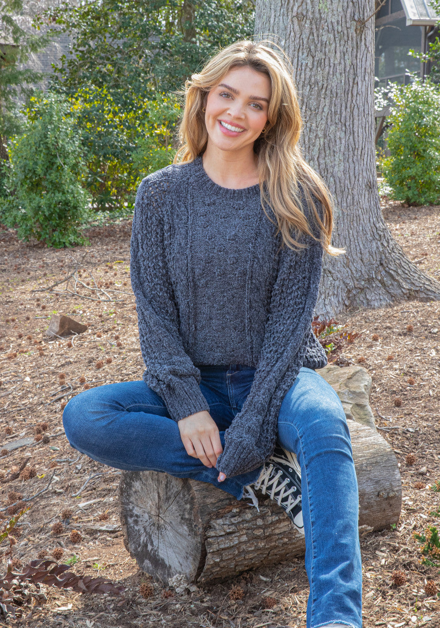 Chenille Crew Neck Sweater-Ash & Pink