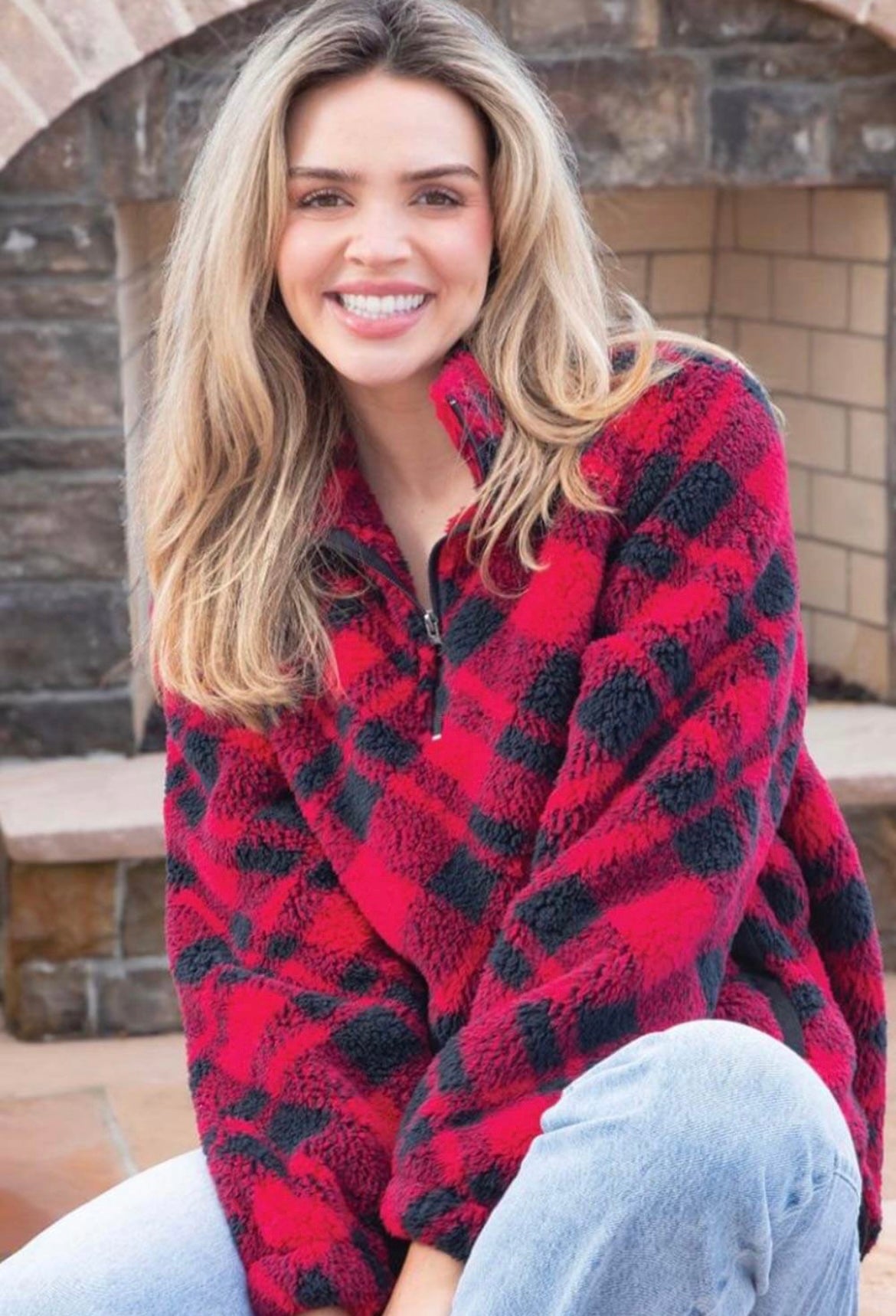 Simply Southern Quarter Zip Sherpa Pullover in Red/Black Plaid