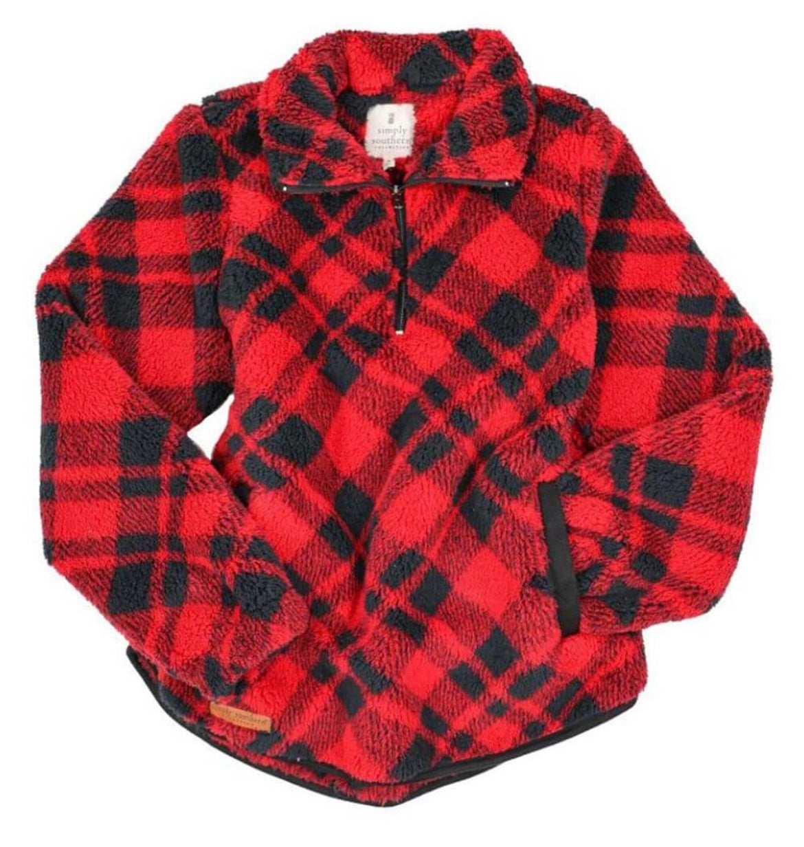 Simply Southern Quarter Zip Sherpa Pullover in Red/Black Plaid