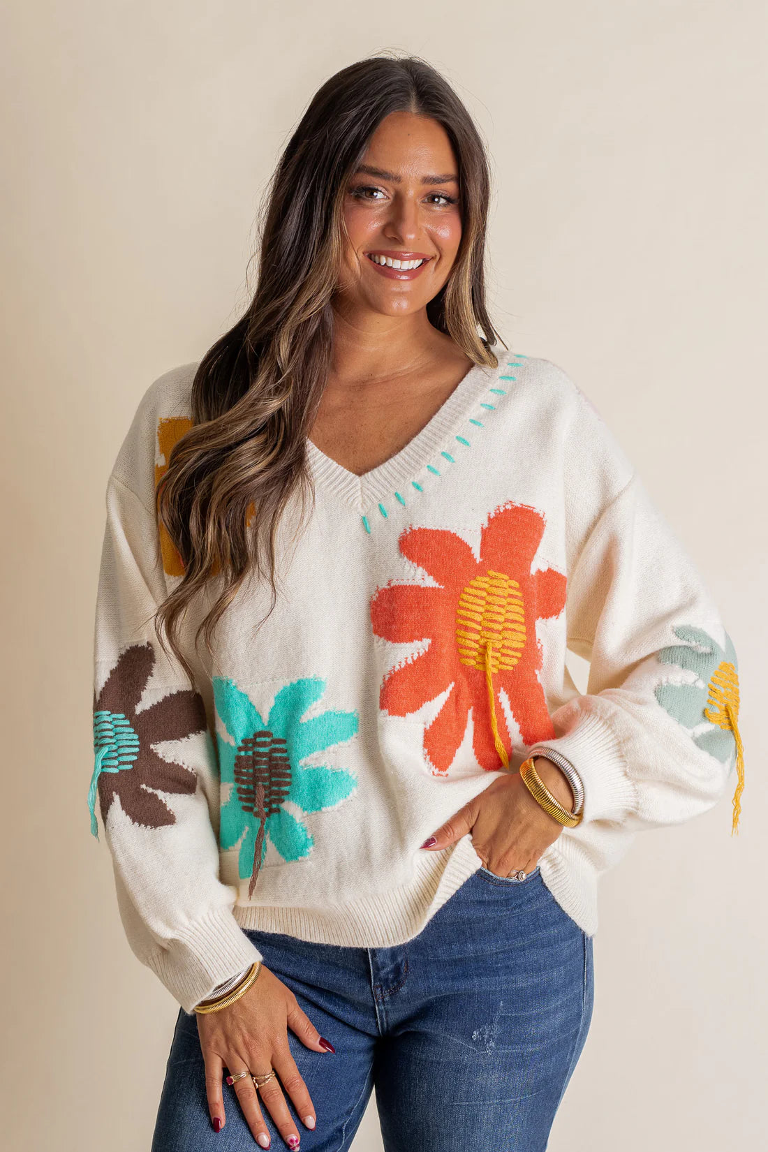 Floral Pattern Print Sweater: Ivory
