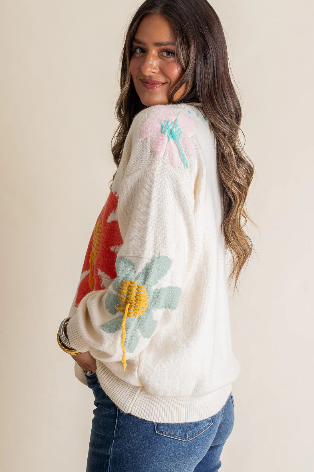 Floral Pattern Print Sweater: Ivory