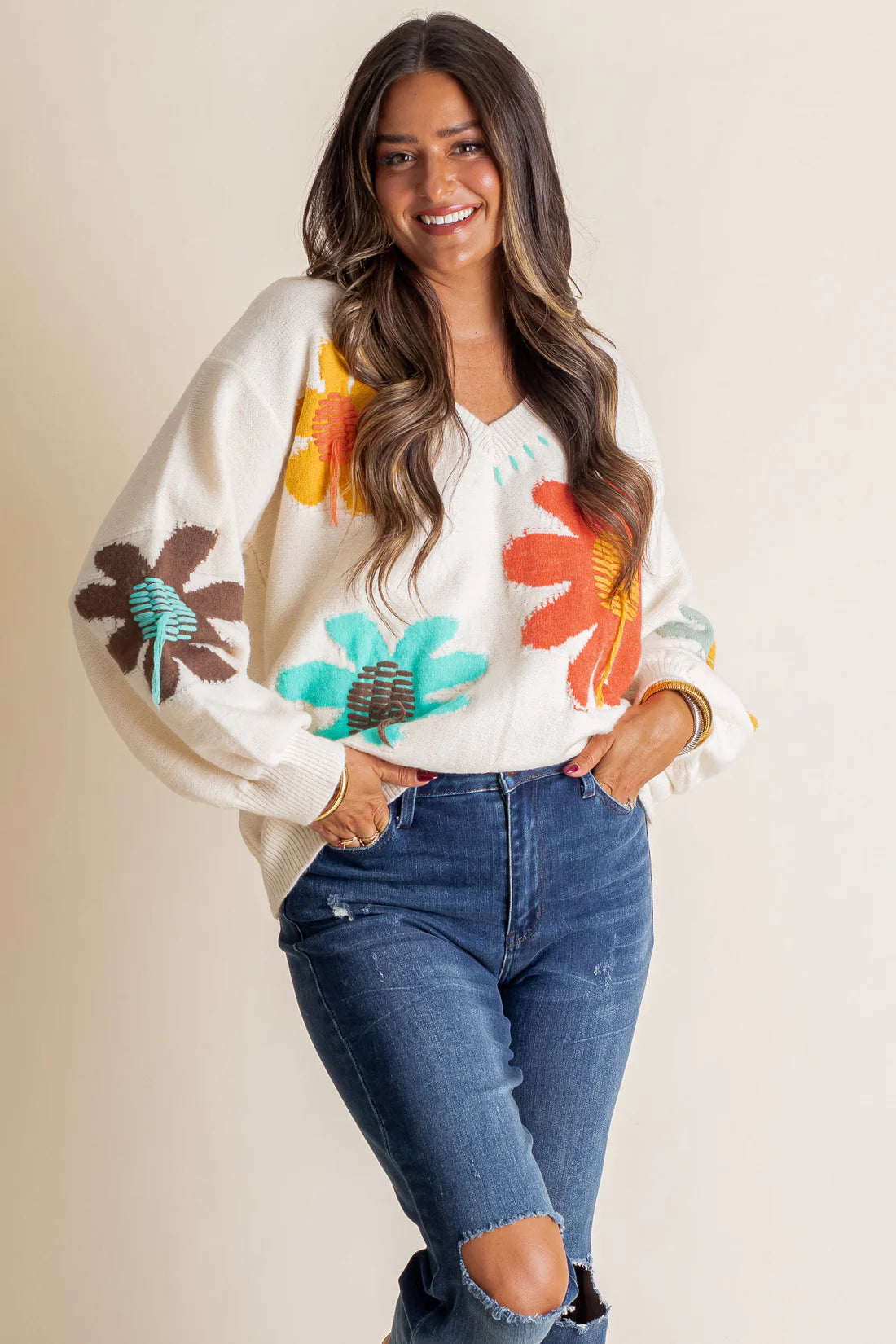 Floral Pattern Print Sweater: Ivory