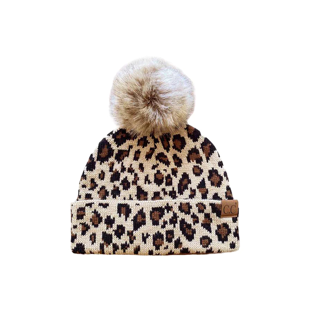 KIDS LEOPARD BEANIE W/FAUX FUR POM