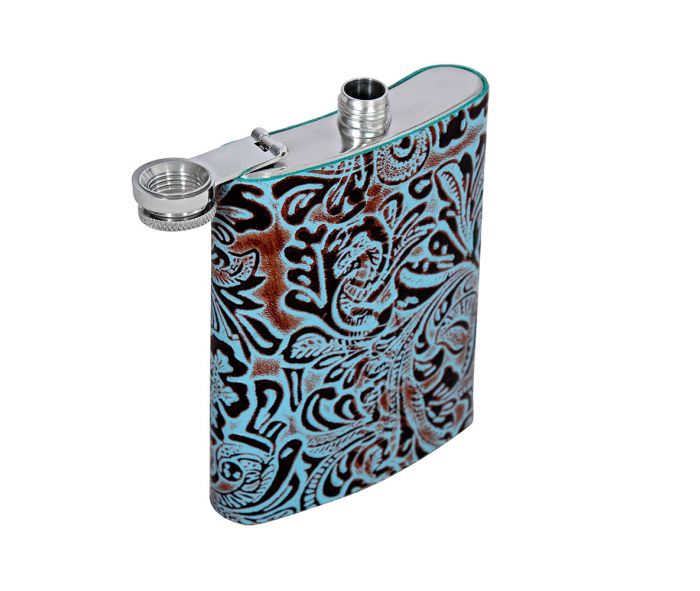 Mountain Trail Flask in Hand-tooled Leather-8oz