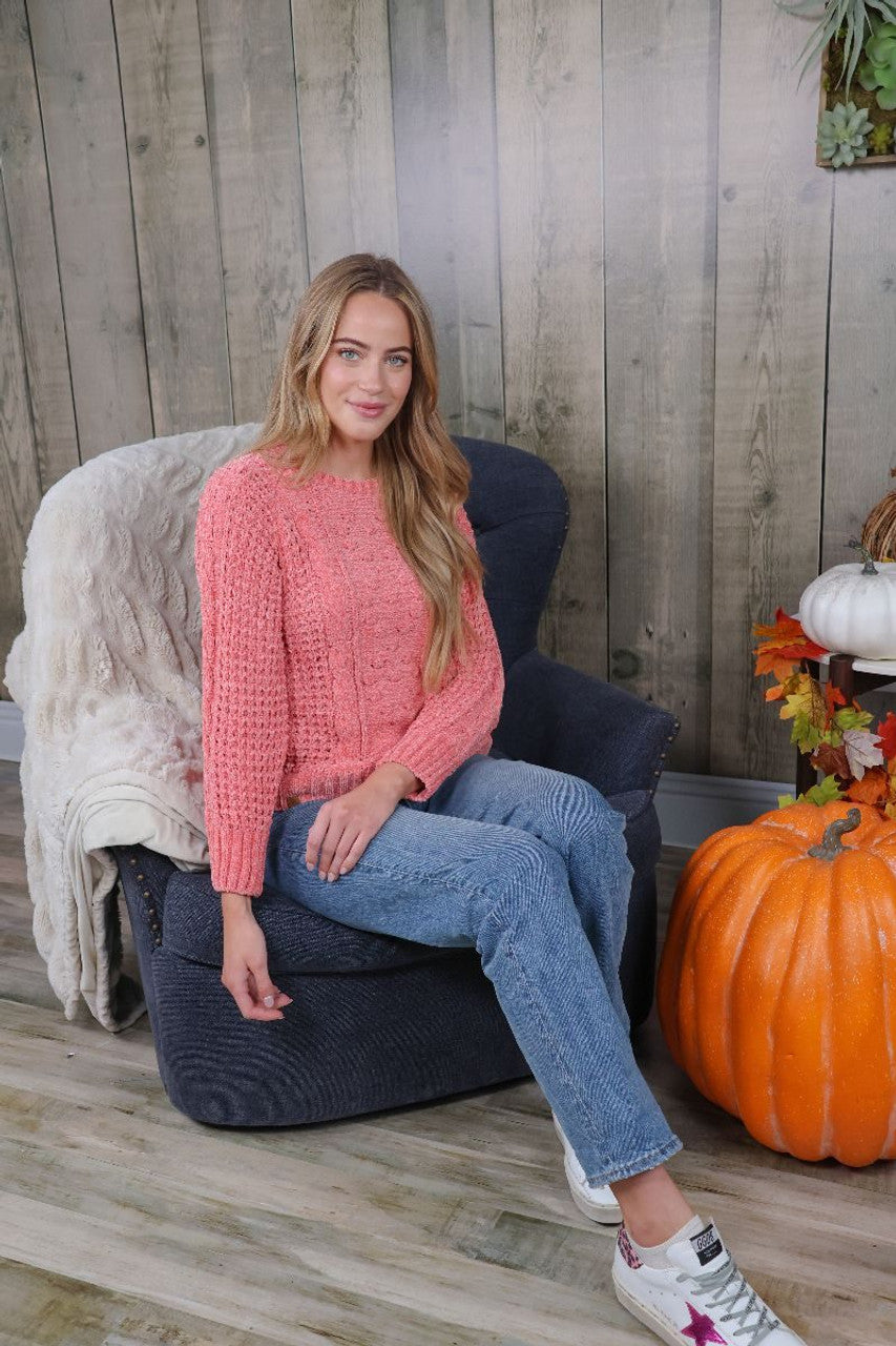 Chenille Crew Neck Sweater-Ash & Pink
