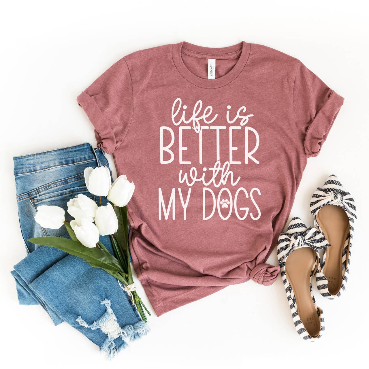 Life is Better With My Dogs Mauve Tee White Ink