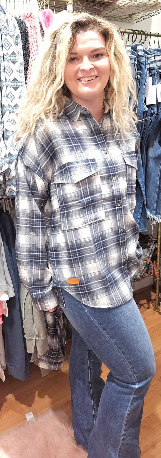 Plaid Shacket-Denim