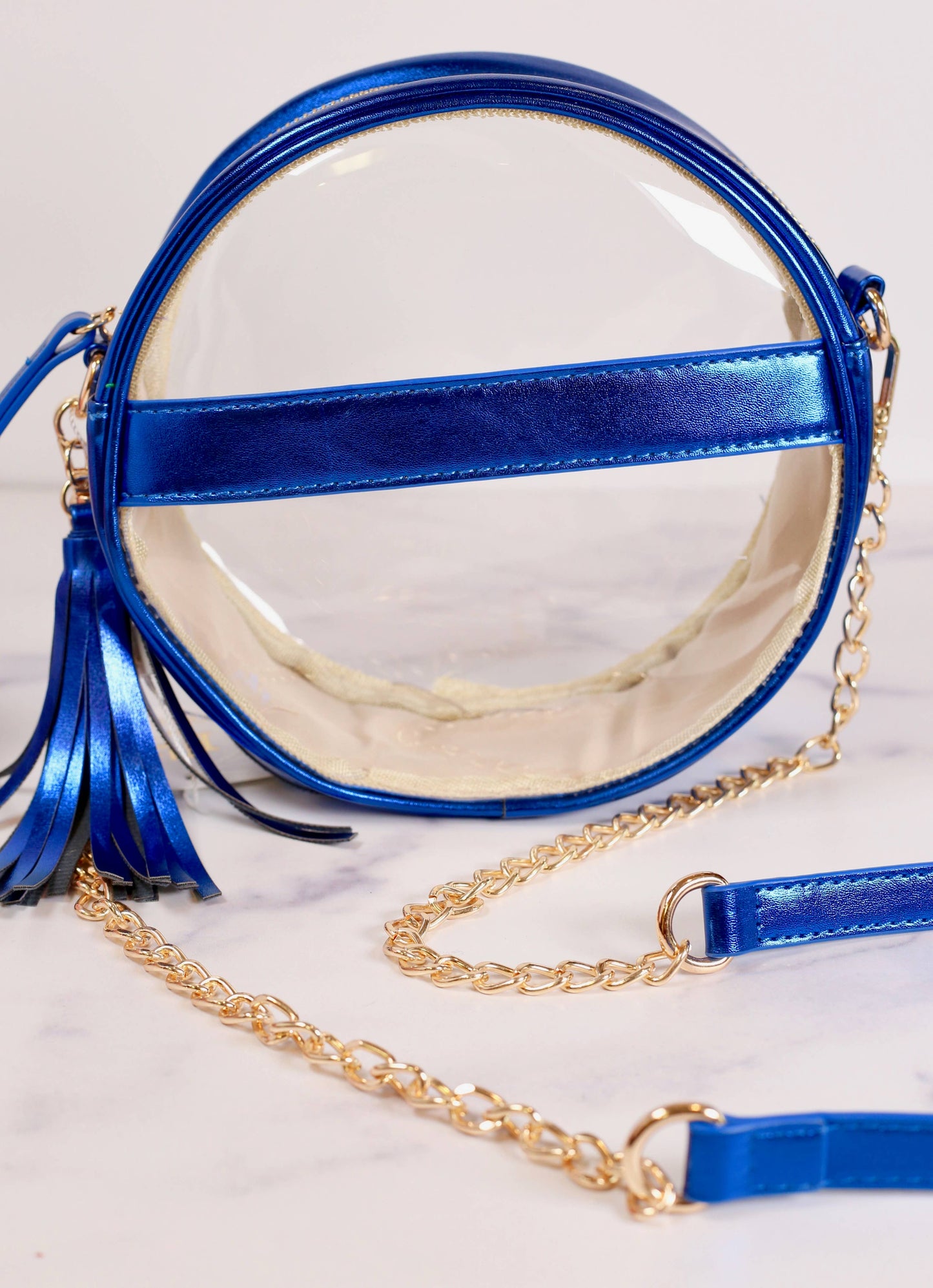 Madison Clear Crossbody: METALLIC ROYAL