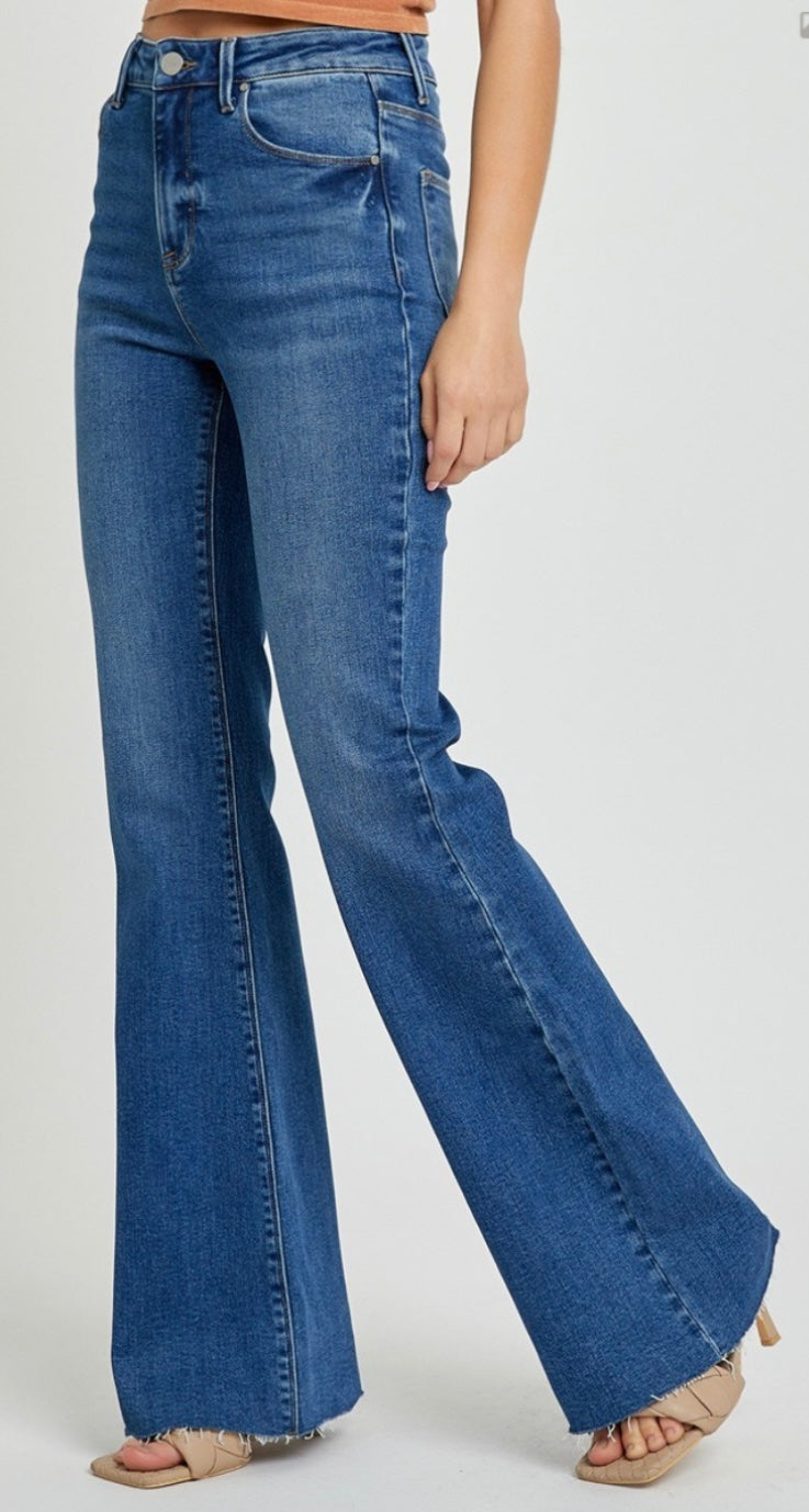 Risen High Rise Raw Cut Hem Bootcut Jeans