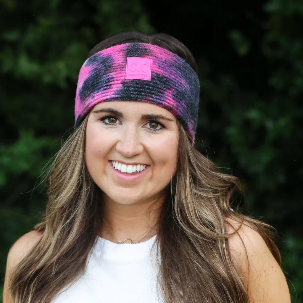 TIE DYE HEADWRAP WITH C.C RUBBER PATCH - BLACK/HOT PINK