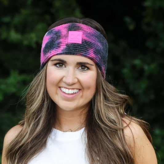 TIE DYE HEADWRAP WITH C.C RUBBER PATCH - BLACK/HOT PINK