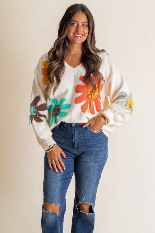 Floral Pattern Print Sweater: Ivory