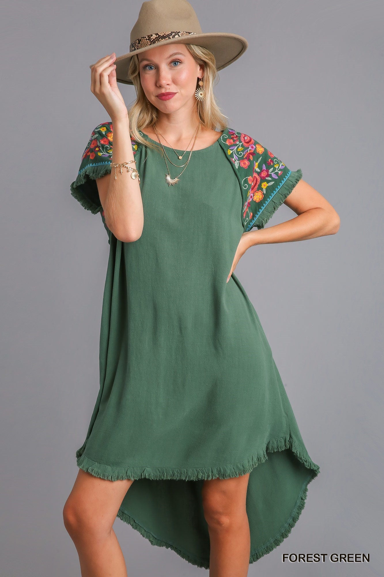 Linen short sleeve embroidery dress/Forest green